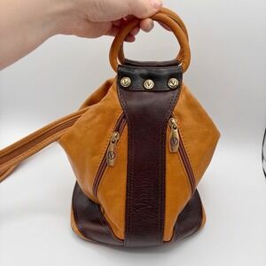 Valentina Italy Sling Bag Convertible Two Tone Leather Backpack Cognac Brown